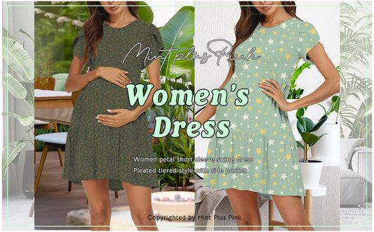MINT PLUS PINK Women Petal Short Sleeve Pocket Casual Ruffle Loose Swing Casual Dress 2022