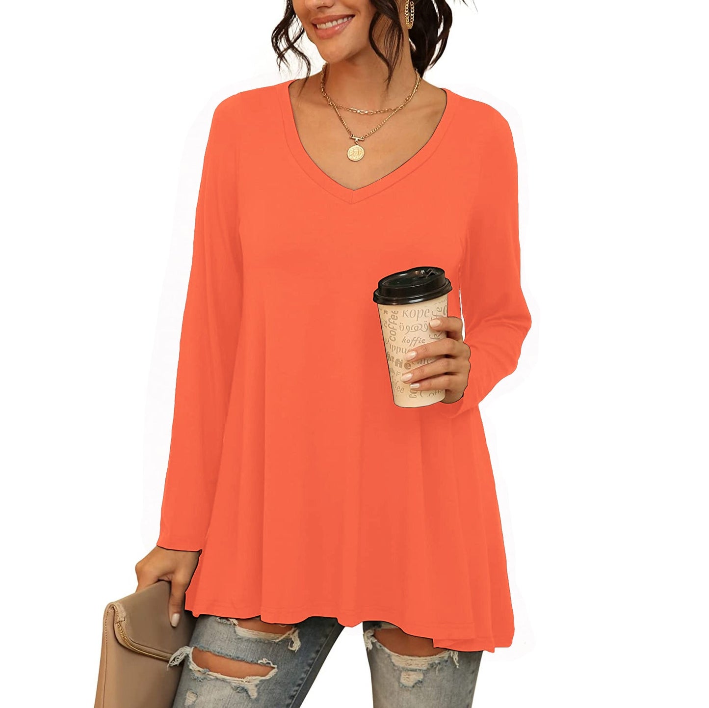 Womens Casual Flattering Long Sleeve Dressy Casual Comfy Blouse Loose Fit Flowy Tunic Tops