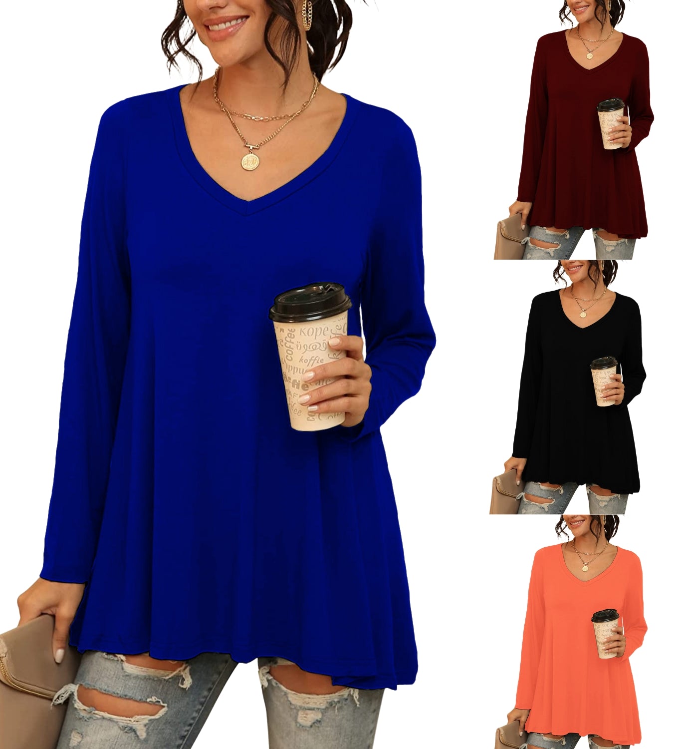 Womens Casual Flattering Long Sleeve Dressy Casual Comfy Blouse Loose Fit Flowy Tunic Tops