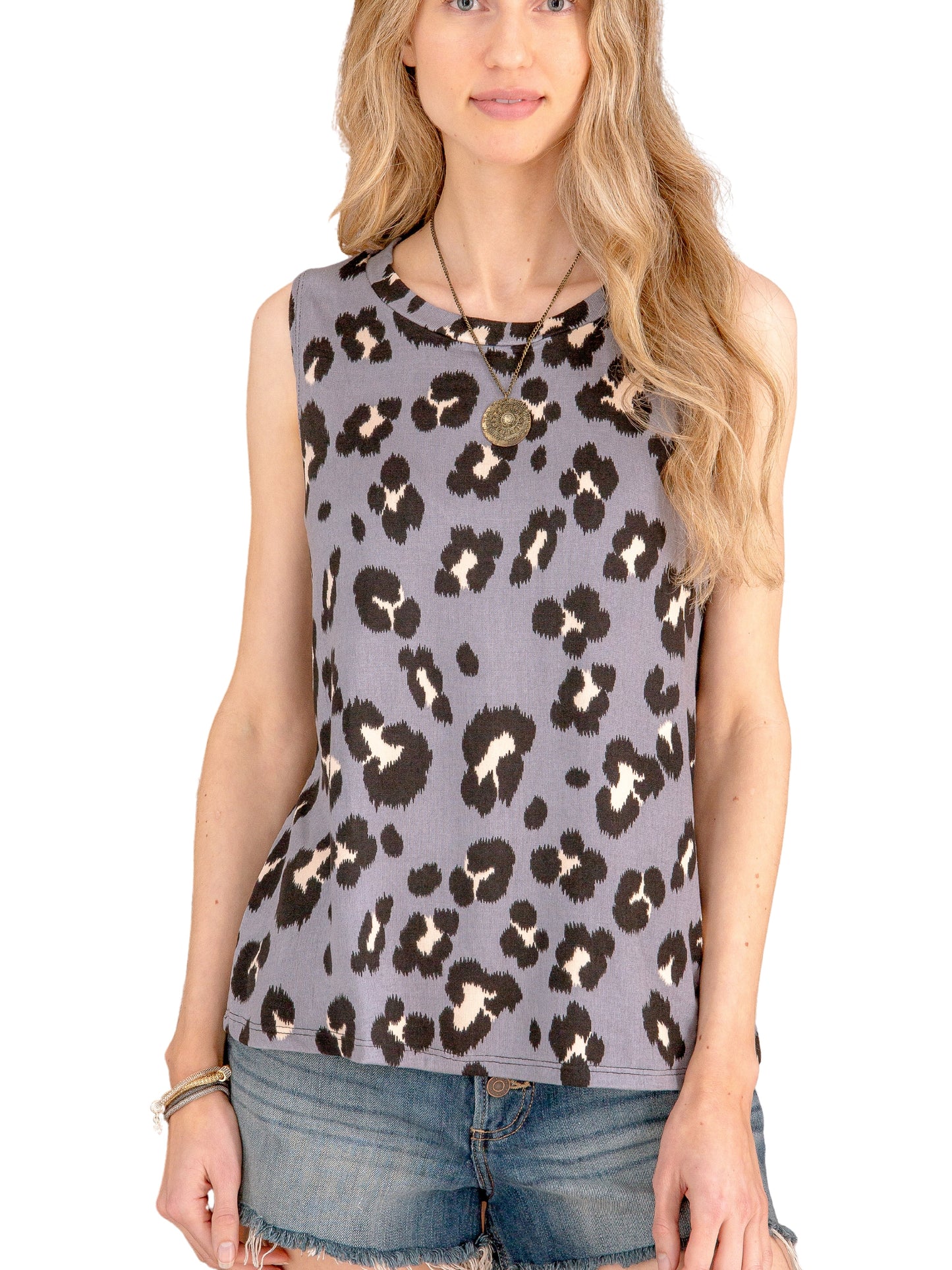 MINT PLUS PINK_Women's Summer Loose Tank Sleeveless Animal Print Pattern Crew Neck Tunic Blouse Camisole Top