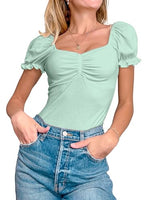 Women's Puff Square Neck Summer Puffy Short Sleeve Ribbed Top Cute T Shirt Blouse