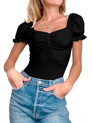 Women's Puff Square Neck Summer Puffy Short Sleeve Ribbed Top Cute T Shirt Blouse