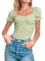 Women's Puff Square Neck Summer Puffy Short Sleeve Ribbed Top Cute T Shirt Blouse