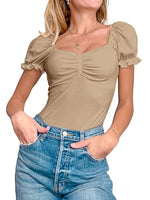 Women's Puff Square Neck Summer Puffy Short Sleeve Ribbed Top Cute T Shirt Blouse