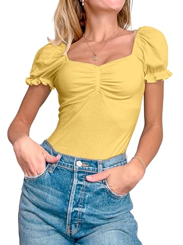 Women's Puff Square Neck Summer Puffy Short Sleeve Ribbed Top Cute T Shirt Blouse