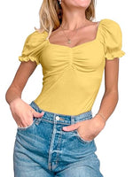 Women's Puff Square Neck Summer Puffy Short Sleeve Ribbed Top Cute T Shirt Blouse