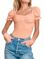 Women's Puff Square Neck Summer Puffy Short Sleeve Ribbed Top Cute T Shirt Blouse