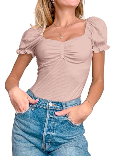 Women's Puff Square Neck Summer Puffy Short Sleeve Ribbed Top Cute T Shirt Blouse