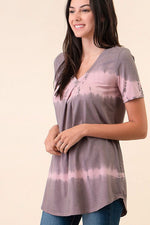 Mint Plus Pink - Tie Dye Pin Tuck Short Sleeve V-Neck Top | Made in USA