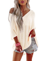 V-Neck Half Sleeves Loose Summer Sweater and Lightweight Knitted Shirts Pullover