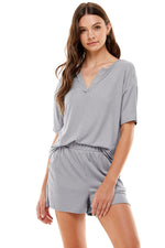 Women's Ribbed Knit Pajama Sets Short Sleeve Top and Shorts 2 Pieces Loungewear Sweatsuit Outfits with Pockets