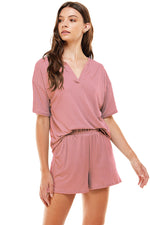 Women's Ribbed Knit Pajama Sets Short Sleeve Top and Shorts 2 Pieces Loungewear Sweatsuit Outfits with Pockets