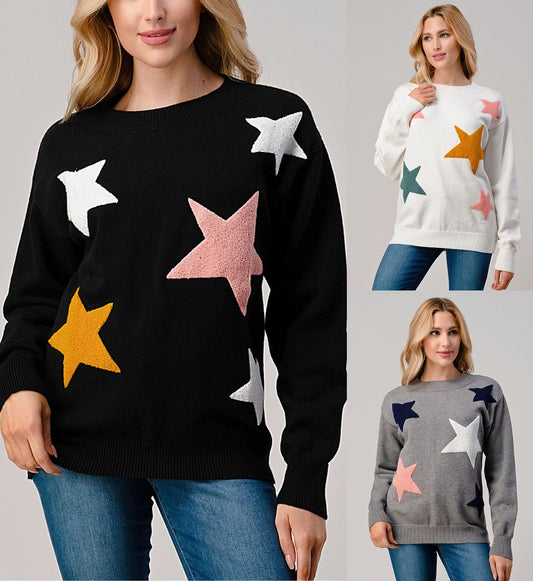 Women's Star Print One Shoulder Oversized Loose Fit Long Sleeve Pullover Sweater Top- Perfect Gift for mom and winter, Black Sweater Gifts