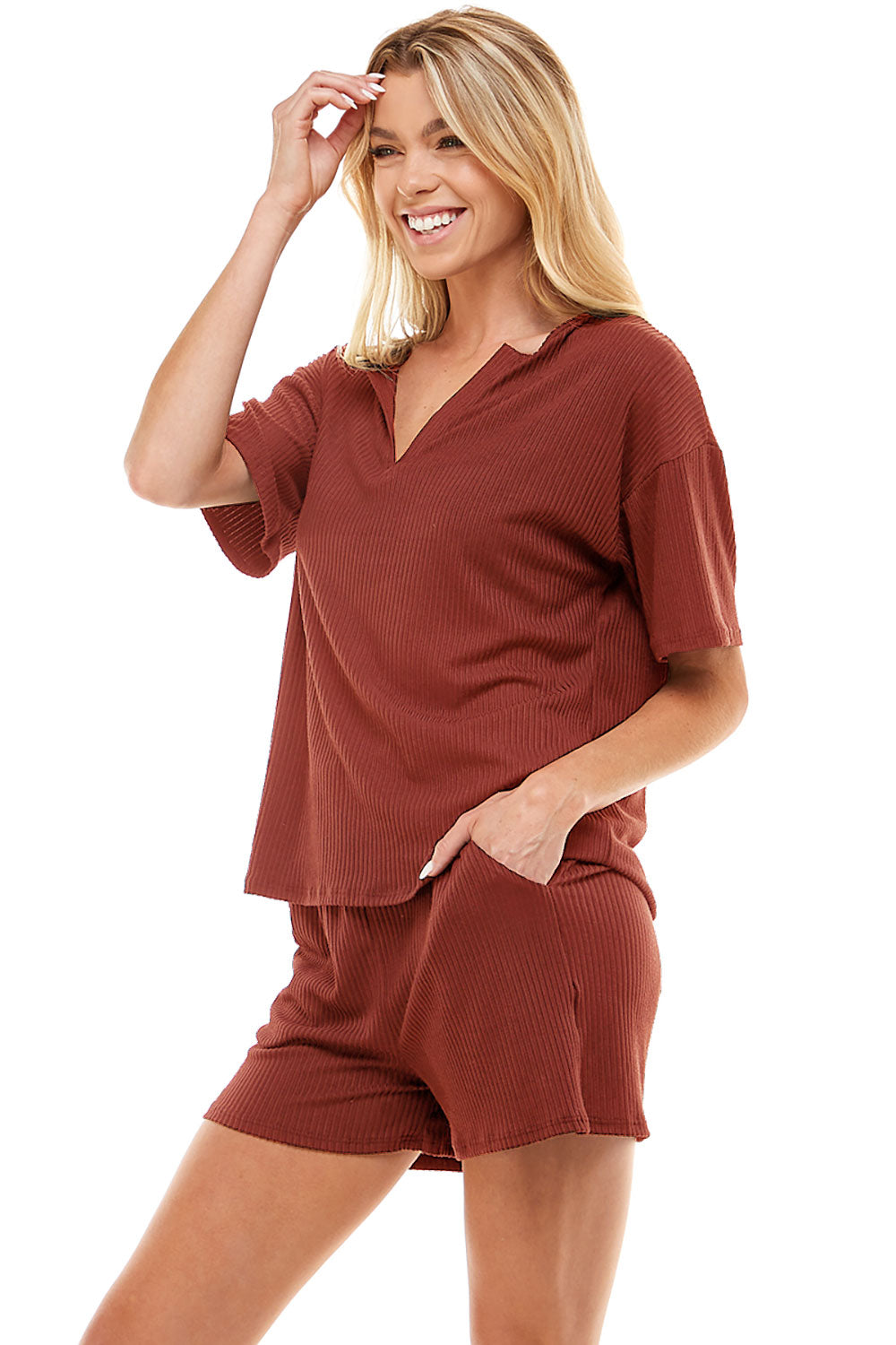Women's Ribbed Knit Pajama Sets Short Sleeve Top and Shorts 2 Pieces Loungewear Sweatsuit Outfits with Pockets