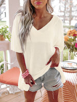 V-Neck Half Sleeves Loose Summer Sweater and Lightweight Knitted Shirts Pullover