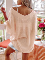 V-Neck Half Sleeves Loose Summer Sweater and Lightweight Knitted Shirts Pullover