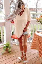 V-Neck Half Sleeves Loose Summer Sweater and Lightweight Knitted Shirts Pullover