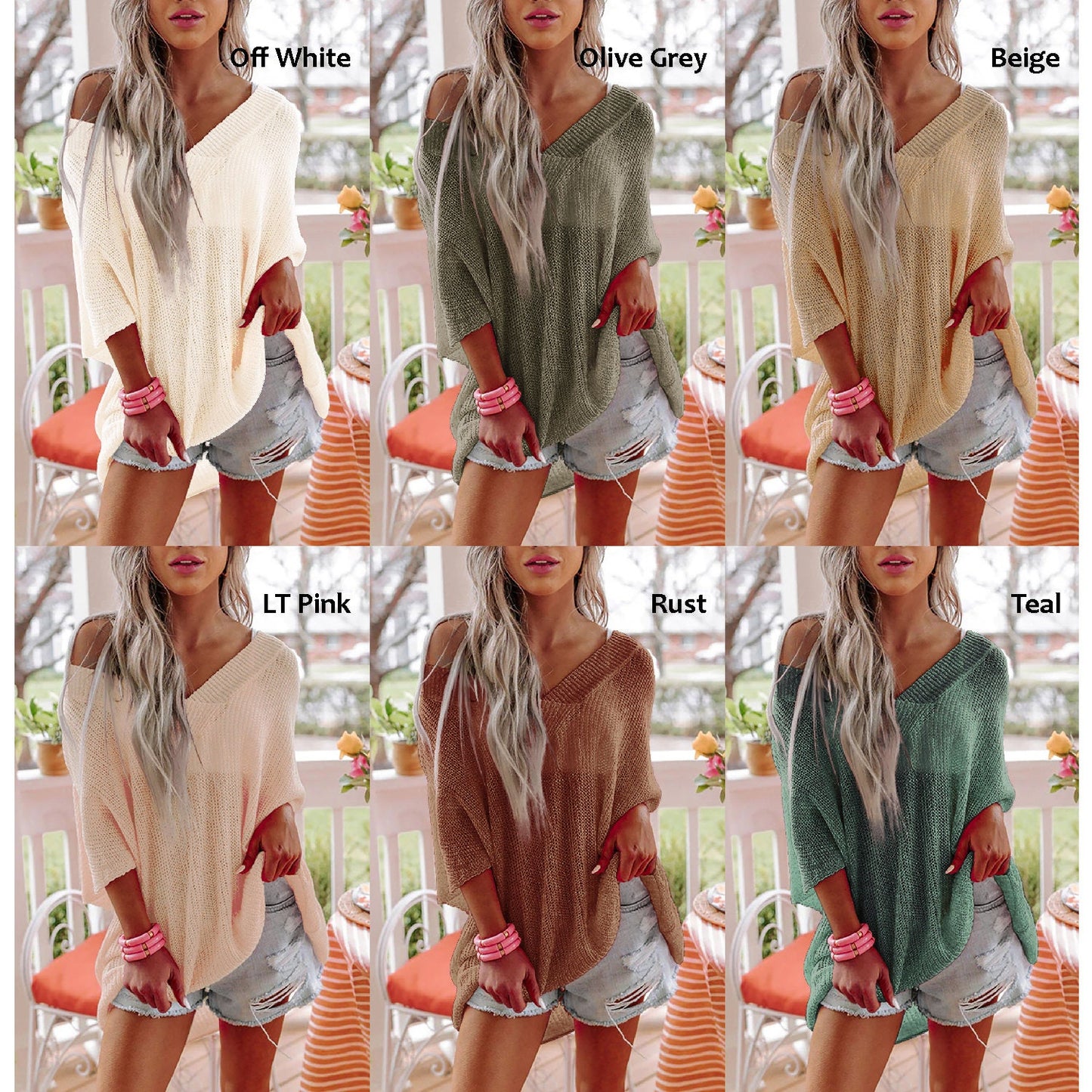 V-Neck Half Sleeves Loose Summer Sweater and Lightweight Knitted Shirts Pullover