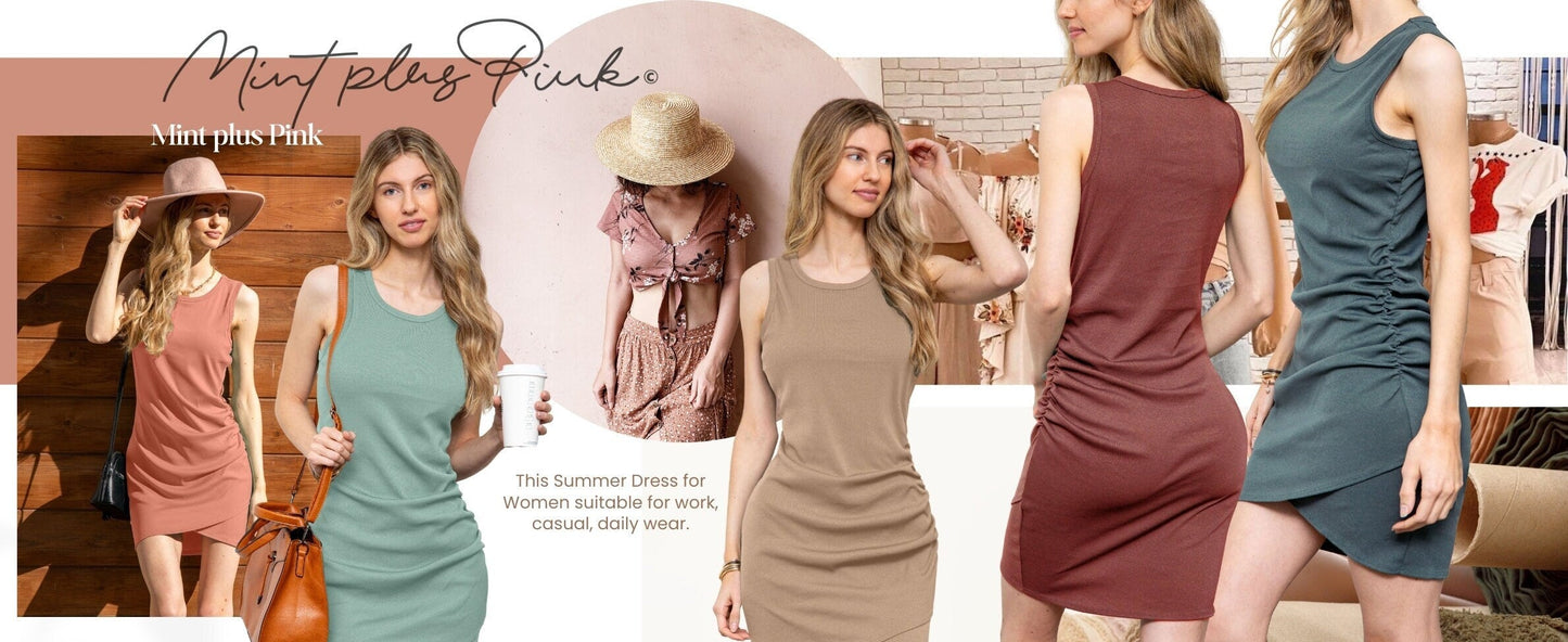 Summer Bodycon Ribbed Ruched Sleeveless Mini Dress - Women's Fashion - Sexy Party Casual Dress for Women