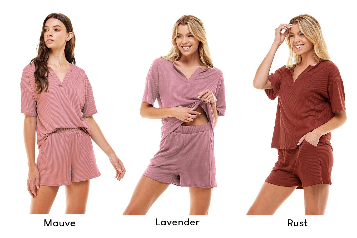 Women's Ribbed Knit Pajama Sets Short Sleeve Top and Shorts 2 Pieces Loungewear Sweatsuit Outfits with Pockets