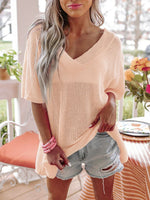 V-Neck Half Sleeves Loose Summer Sweater and Lightweight Knitted Shirts Pullover Beach cover Tops