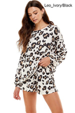 Women's Casual Cute Flannel and Leopard Print Pullover Tops and Short Pants Pajama Outfits Sets with Pocket Made in USA
