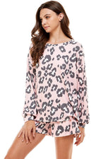 Women's Casual Cute Flannel and Leopard Print Pullover Tops and Short Pants Pajama Outfits Sets with Pocket Made in USA