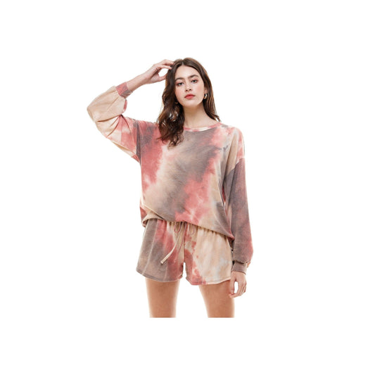 Women's Casual Tie dye Color Knit Pullover Tops and Short Pants Pajama Outfits S