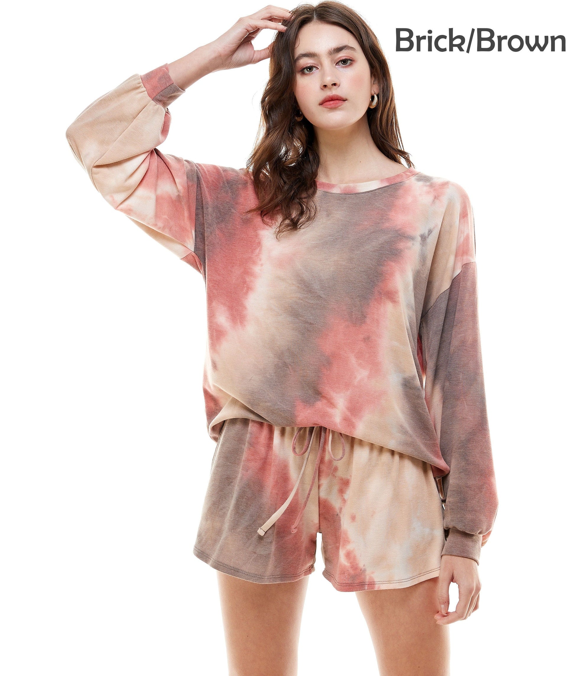 Women's Casual Tie dye Color Knit Pullover Tops and Short Pants Pajama Outfits S