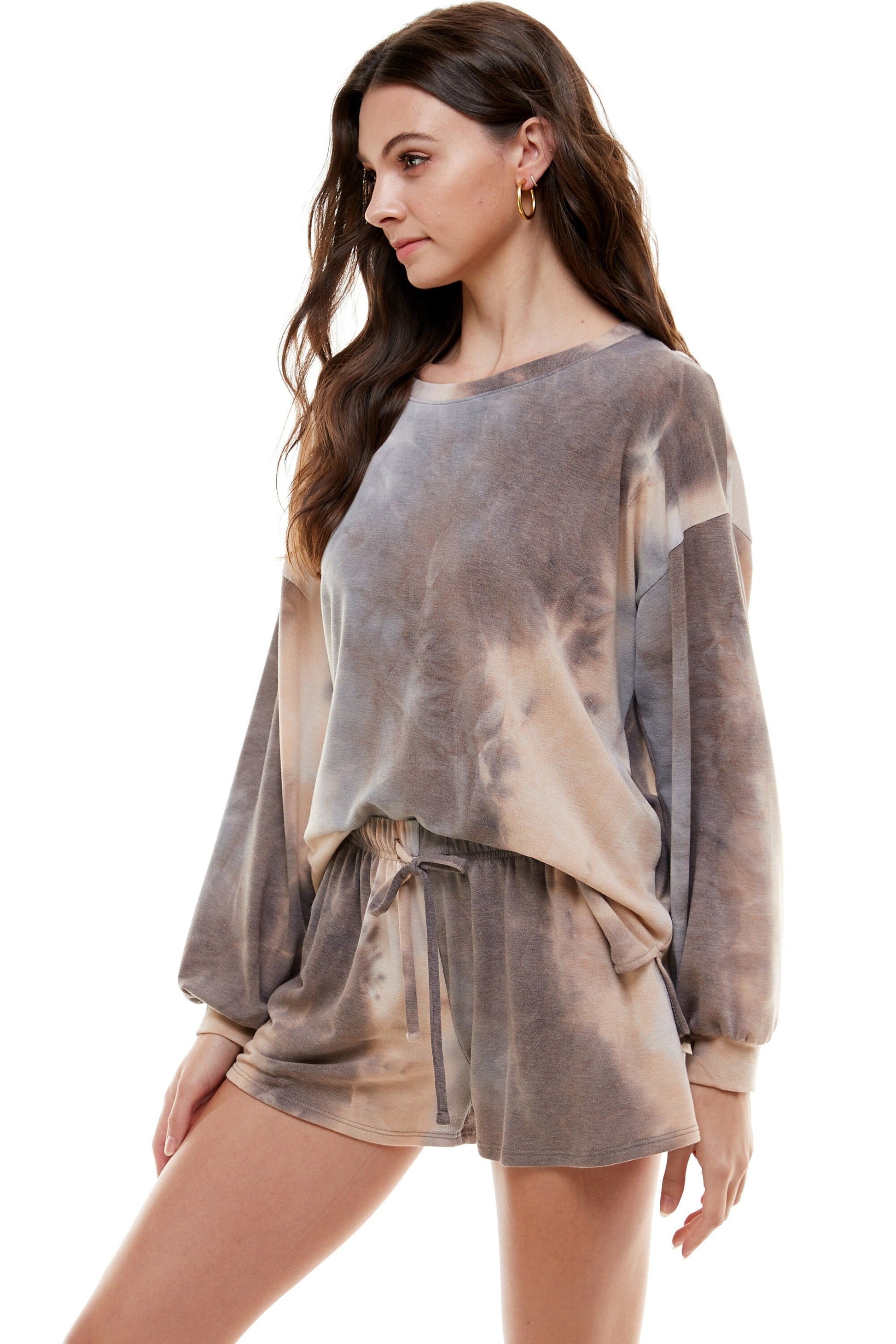 Women's Casual Tie dye Color Knit Pullover Tops and Short Pants Pajama Outfits S