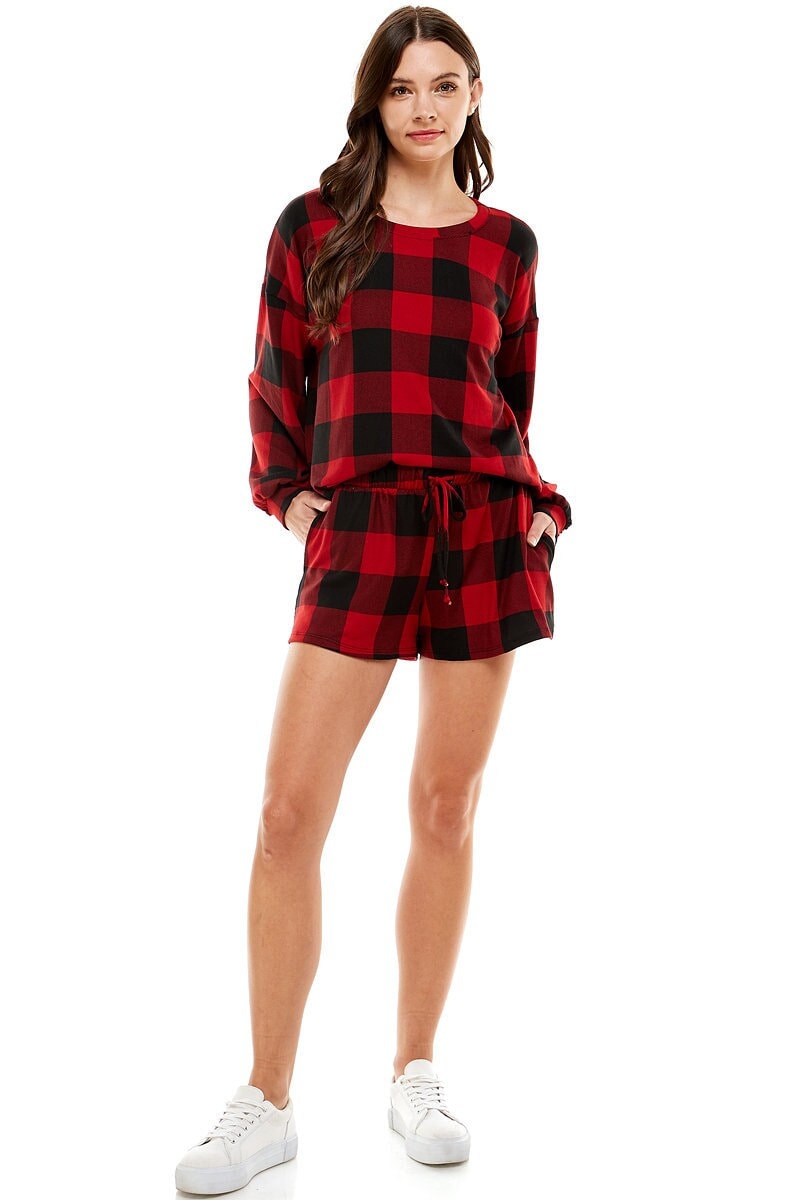 Red and Black Casual Pajamas, Comfort Fit Set,Relaxed Checkered Set,Leisure Plaid Pj,bridesmaid pajama set,Spring Warmth pj set,Loungewear