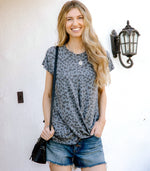 Women's Casual Summer Leopard Twist Knot Top Short Sleeve Tee