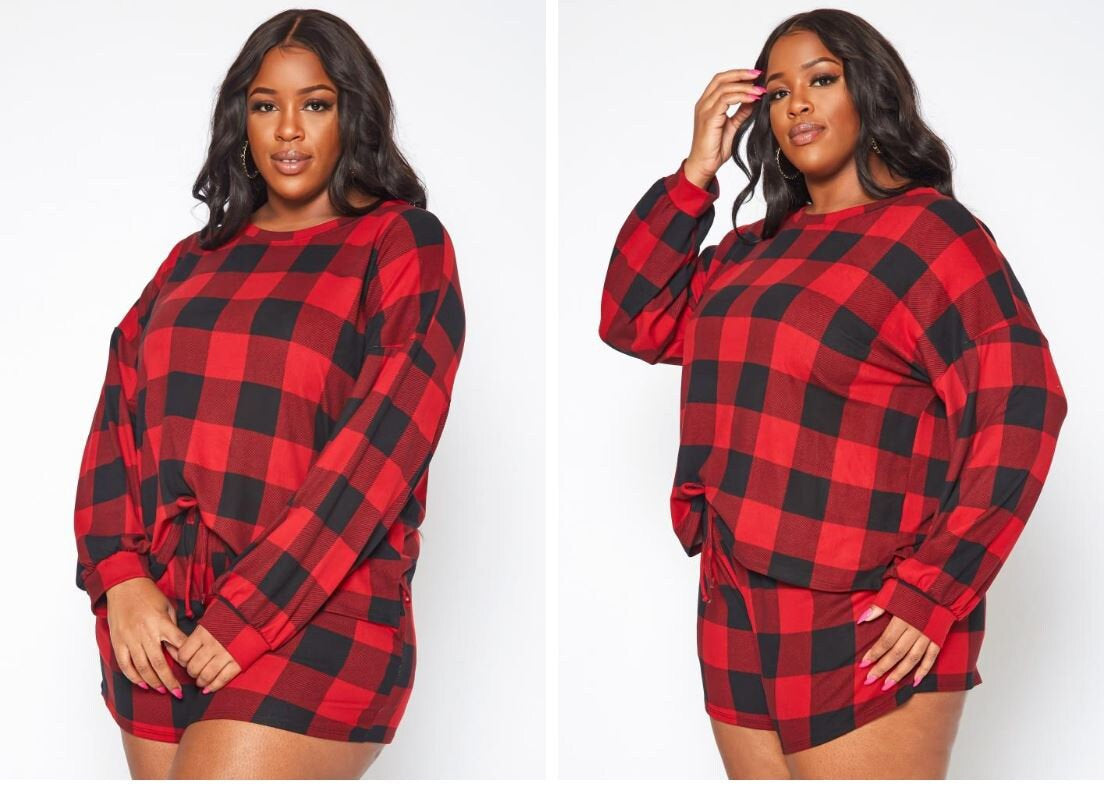 Red and Black Casual Pajamas, Comfort Fit Set,Relaxed Checkered Set,Leisure Plaid Pj,bridesmaid pajama set,Spring Warmth pj set,Loungewear