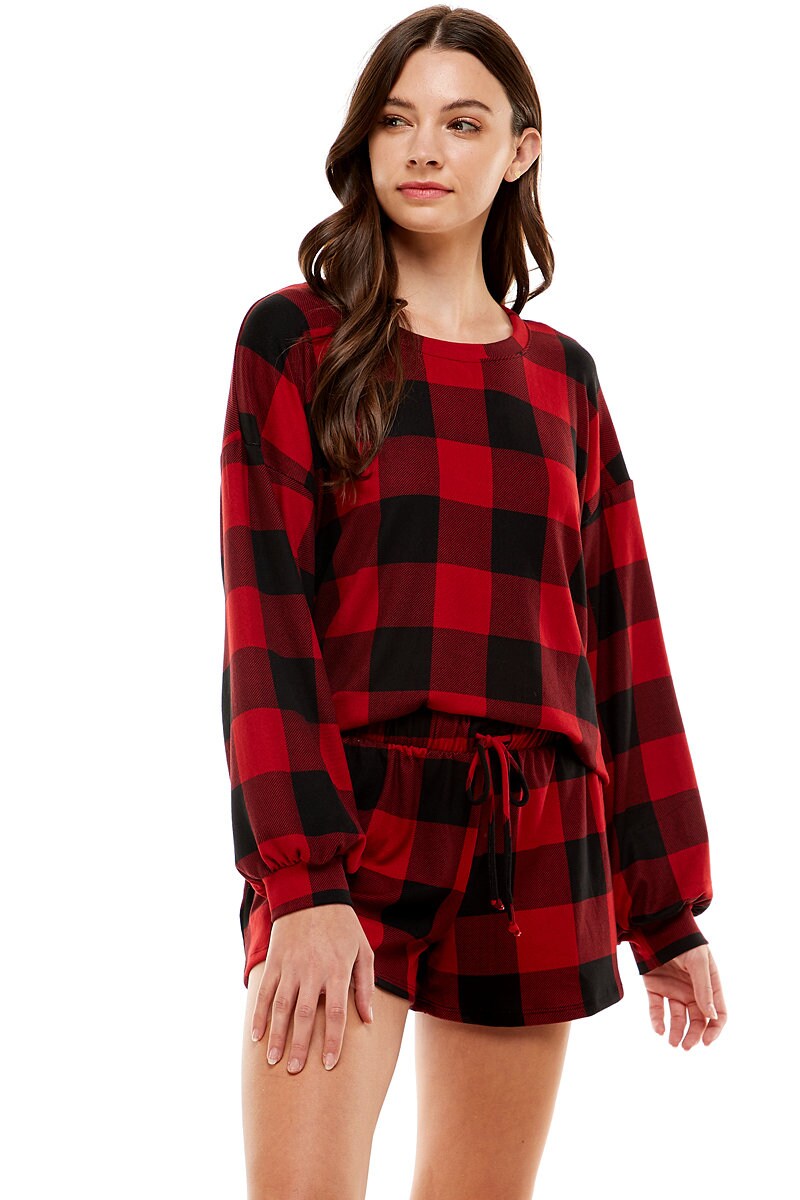 Red and Black Casual Pajamas, Comfort Fit Set,Relaxed Checkered Set,Leisure Plaid Pj,bridesmaid pajama set,Spring Warmth pj set,Loungewear