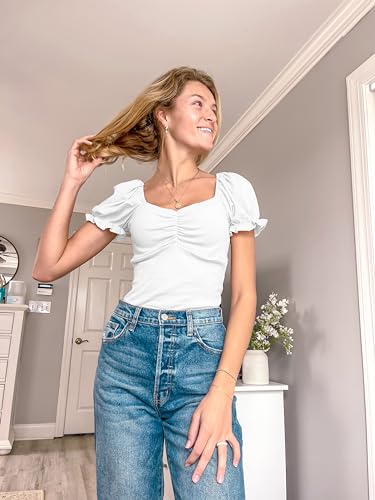 Women's Puff Square Neck Summer Puffy Short Sleeve Ribbed Top Cute T Shirt Blouse