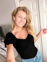 Women's Puff Square Neck Summer Puffy Short Sleeve Ribbed Top Cute T Shirt Blouse