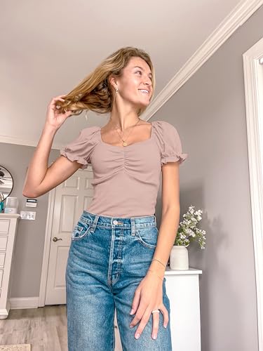 Women's Puff Square Neck Summer Puffy Short Sleeve Ribbed Top Cute T Shirt Blouse