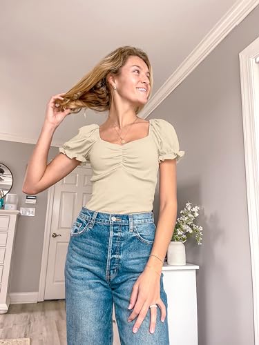 Women's Puff Square Neck Summer Puffy Short Sleeve Ribbed Top Cute T Shirt Blouse