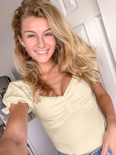Women's Puff Square Neck Summer Puffy Short Sleeve Ribbed Top Cute T Shirt Blouse
