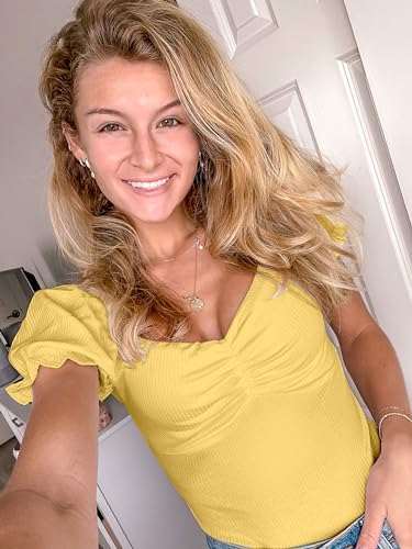Women's Puff Square Neck Summer Puffy Short Sleeve Ribbed Top Cute T Shirt Blouse